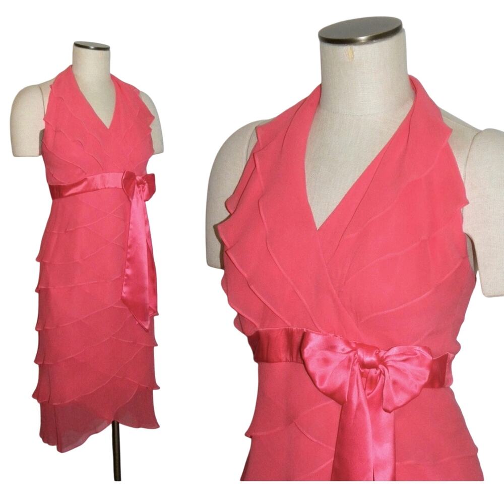 Tadashi Pink Silk Cocktail Dress Flutter Halter 8